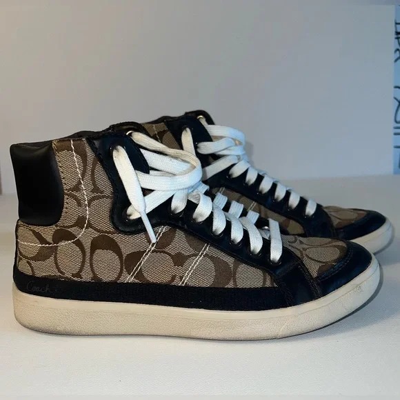 Coach Ellis Signature Canvas Womens Sz 6.5 High Top Khaki Brown Sneakers Shoes - Picture 3 of 10